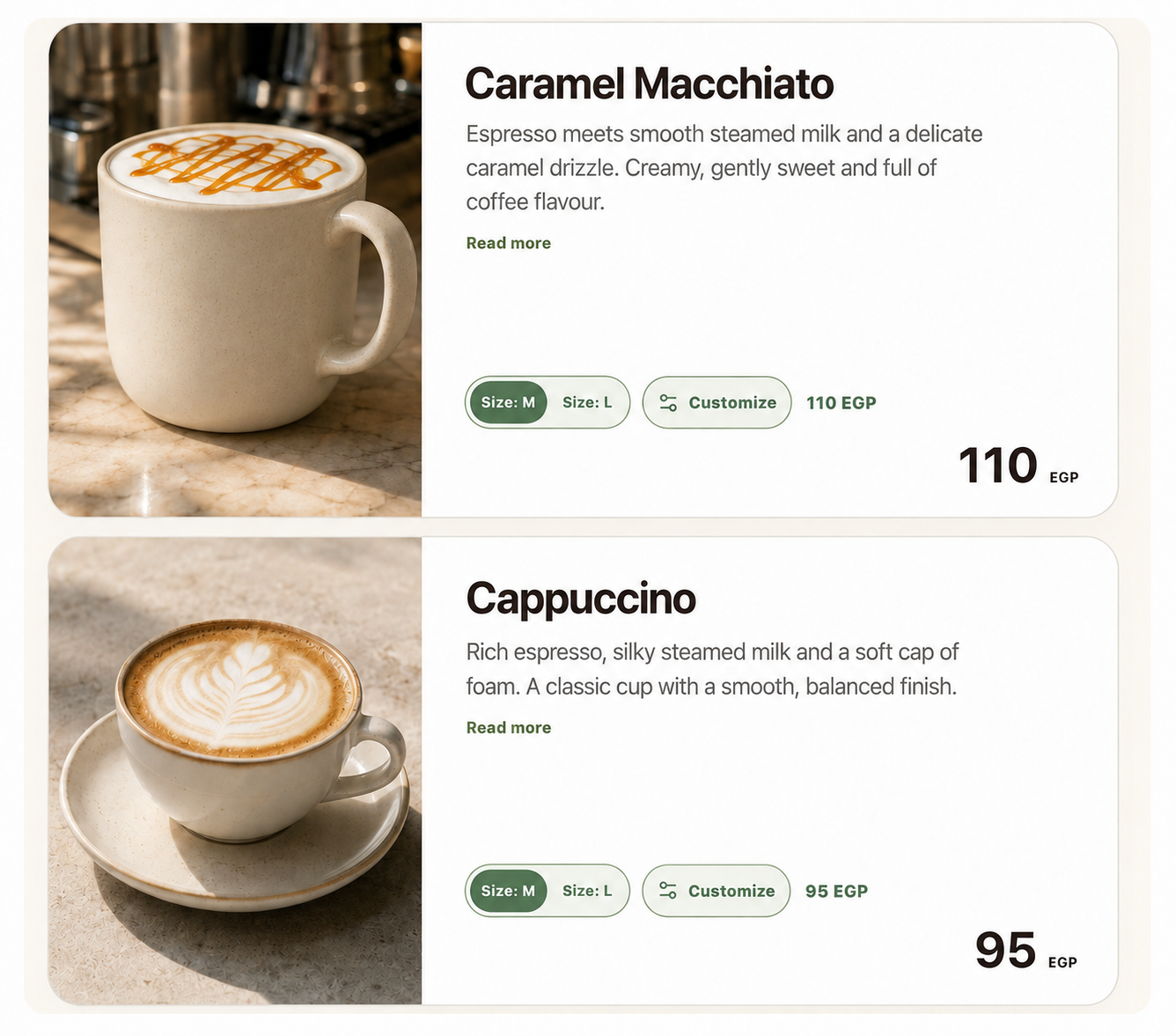 Illustrative menu preview. Items, images and prices are examples.