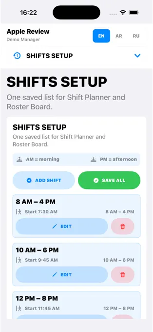 Shift setup